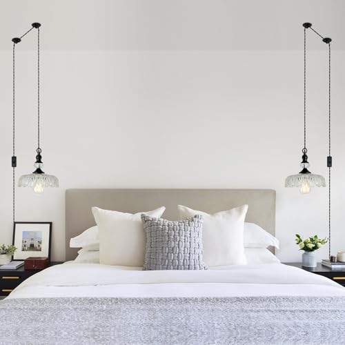 Plug in Glass Pendant Light Fixture Black Vintage Adjustable Chandelier Hanging Ceiling Light for Farmhouse Hallway Bedroom Foyer Kitcken Dining Room Island
