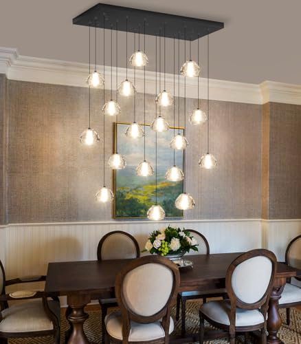 Crystal Rectangular Chandeliers for Living Room Dining Room Light LED Pendant Lights Fixtures Lighting Chandelier for Foyer Entrance Black