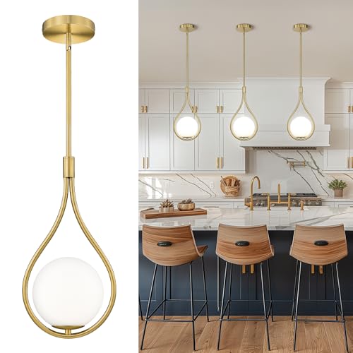 1 Light 8 Inch Glass Brushed Gold Pendant Lights Kitchen Island