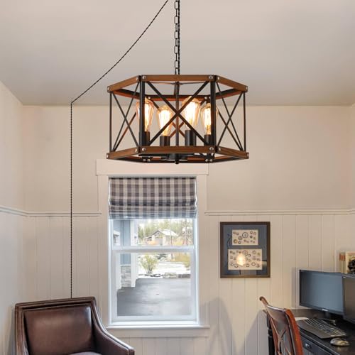 4 Light Large Rustic Farmhouse Plug in Pendant Light Fixture with Adjustable Chain