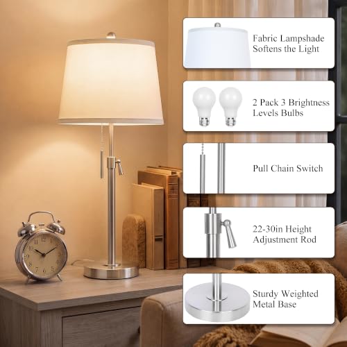 Brushed Nickel Modern Table Lamps Set of 2 Adjustable Height 22" to 30" Silver Nightstand with White Linen Shade 3 Brightness Way Pull Chain Switch Bedside Lamps for Living Room Office (2 Count)