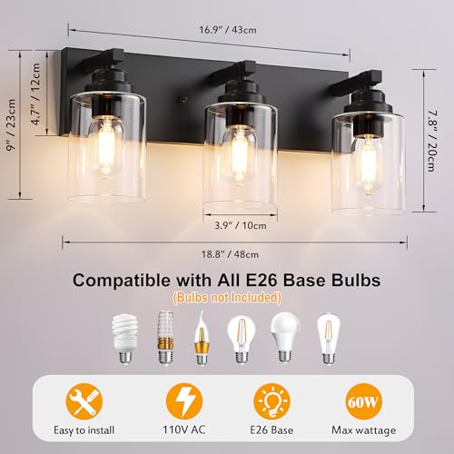 3 Light Matte Black Bathroom Vanity Light