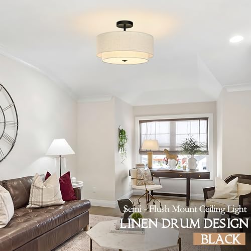 3 Light Semi Flush Mount Ceiling Light Fixture 15.7 Inch Modern Black Drum Ceiling Light Fixture with 2