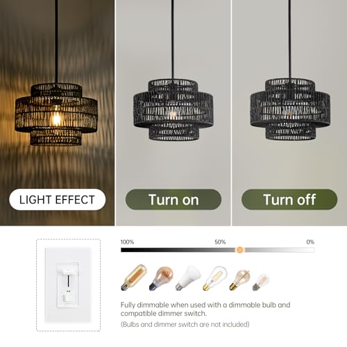 12.4" Black Rattan Pendant Light for Kitchen