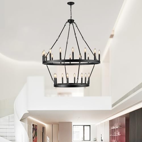 Black Large Chandeliers for High Ceilings Wagon Wheel Chandelier Kitchen Table Lighting 2 Tier 24 Lights Rustic Farmhouse 39.3 Inch for Dining Room Kitchen Island