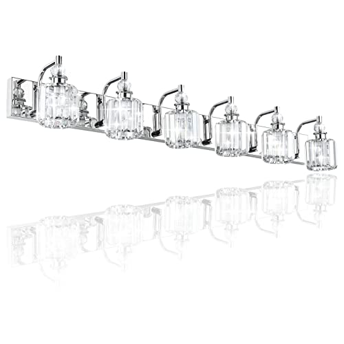 Crystal Vanity Lights 6 Light 48" Modern Crystal Bathroom Lights Fixtures Over Long Mirror Stainless Steel Chrome Vanity Light for Bathroom Wall Lights Fixtures