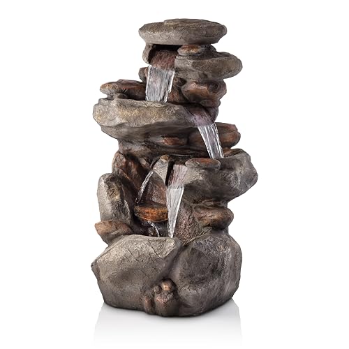 40" 4 Tier Rock Floor Fountain with Cascading Water & White LED Lights