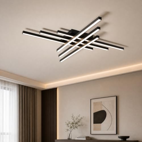 Modern LED Ceiling Lights 43.3" Black Flush Mount Ceiling Light Fixture Sputnik Dimmable Ceiling Lights with Remote Control for Bedroom Living Room Kitchen Room