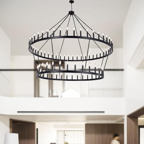 Rustic Farmhouse Black Wagon Wheel Chandelier Large Chandeliers for High Ceilings 2 Tier 80Lights 78.7 Inch for Dining Room Living Room Foyer Porch Kitchen Island