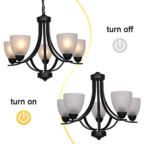 5 Light Shaded Contemporary Chandeliers with Alabaster Glass Black Rustic Light Fixtures Ceiling Hanging Mid Century Modern Pendant Lighting for Dining Room Foyer Bedroom Living Room