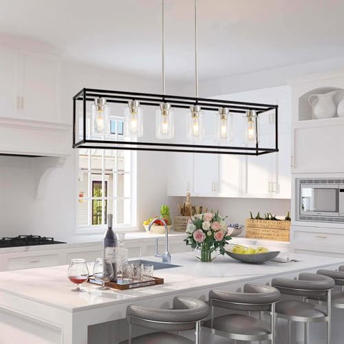 6 Lights Modern Dining Room Light Fixtures Over Table Black & Brushed Nickel Farmhouse Chandeliers Rectangular Pendent Lighting for Kitchen with Glass Shade Linear Hanging Industry Ceiling Light
