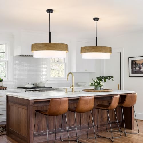 23.6" Large Wood Texture Drum Chandelier for Dining Room with White Fabric