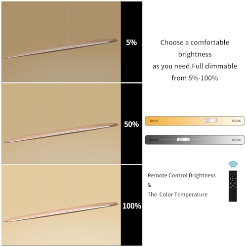 59" 40W Wood LED Linear Pendant Light Fixture Led Dining Room Light Dimmable Hanging Light Fixture for Dining Room Kitchen Island Pool Table Lights Natural Ash