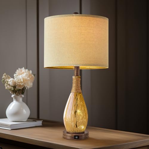 23" USB A+C Table Lamp for Bedroom Living Room Modern Bedside Lamps Retro Farmhouse Rattan Glass Nightstand Nightlight Lamps