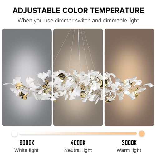 59 Inch White Rectangle Chandelier Gold Ceramic Ginkgo Leaf Chandeliers Brass Large Chandelier Modern Hanging Lights Fixture for Living Room Dining Room Kitchen Island