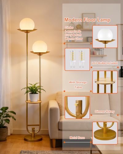 63IN Gold Floor Lamp 2 Globe Mid Century Standing Lamps Dimmable with 3000K Warm White LED Bulbs Unique Vintage Tall Floor Lamp for Living Room