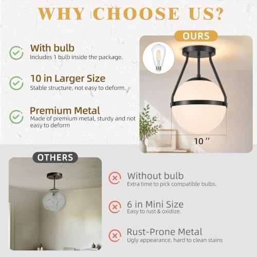 10" Mid Century Ceiling Light Modern Semi Flush Mount Ceiling Light Fixture Globe Ceiling Light Fixture with Milk Glass Shade Matte Black Finish for Kitchen Island Hallway Foyer