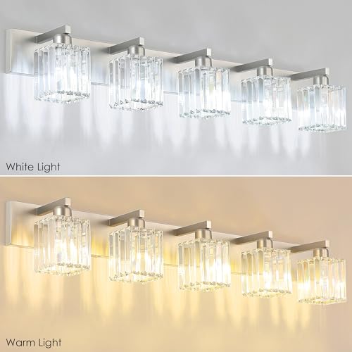 Brushed Nickel Bathroom Lighting Fixtures 5 Light Vanity Light Crystal Modern Bathroom Vanity Light