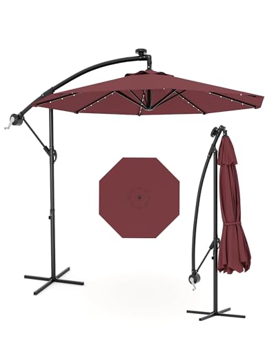 10FT Solar Lights Offset Patio Umbrella with Cross Base