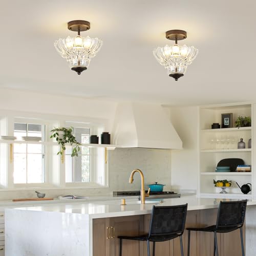 Vintage Oil Rubbed Bronze Semi Flush Mount Light with Floral Class Shade (Oil-Rubbed Bronze)