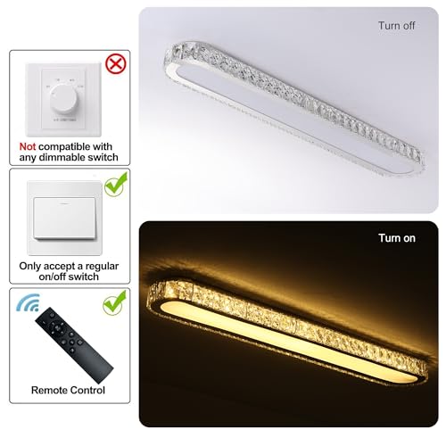 Dimmable LED Ceiling Light 39.4'' Kitchen Lighting Fixtures Ceiling Modern Luxury Crystal Ceiling Light with Remote Chrome Long Ceiling Light Fixture for Kitchen Dining Room Hallway