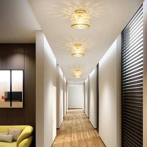 Gold Flush Mount Ceiling Light with Clear Hammered Glass lampshade