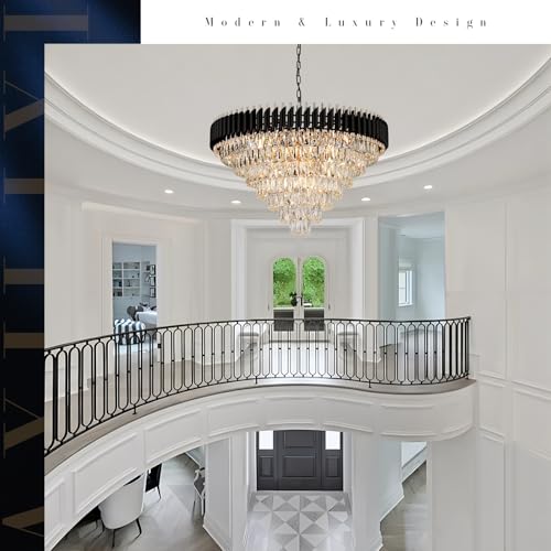 Modern Black and Gold Crystal Chandelier 35" Large Light for High Ceiling