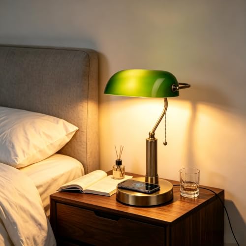Glass Bankers Desk Lamp with Wireless Charger