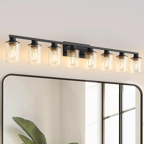 55 Inch 8 Light Black Bathroom Vanity Light Fixture Over Mirror