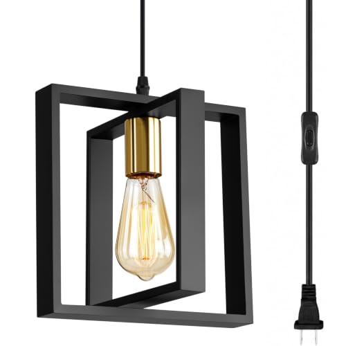 Rustic Black Wood Plug in Pendant Light with ON