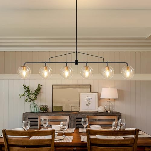 Modern Linear Chandelier 6 Lights Seeded Glass Globe Sputnik Pendant Light