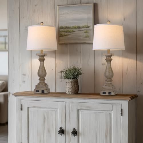 28" Tall Farmhouse Table Lamps Set of 2 with USB C+A Ports and AC Outlet (2 Count)