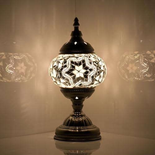 Turkish Moroccan Table Lamp Lantern with Handmade Mosaic Glass Lampshade Tiffany Style Bohemian Stained Glass Decorative Desk Lamps Bedside Night Lights for Bedroom