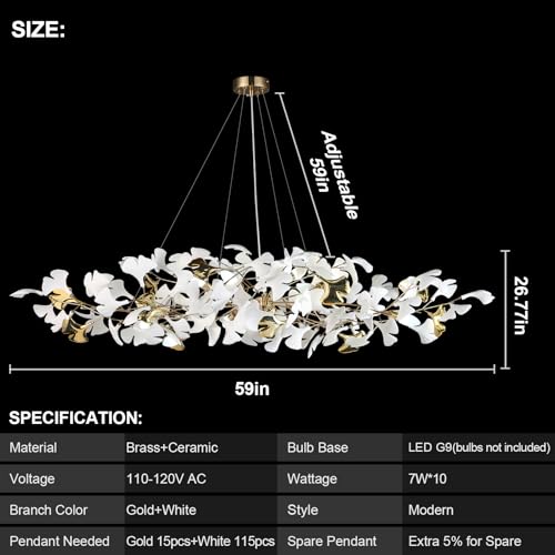 59 Inch White Rectangle Chandelier Gold Ceramic Ginkgo Leaf Chandeliers Brass Large Chandelier Modern Hanging Lights Fixture for Living Room Dining Room Kitchen Island