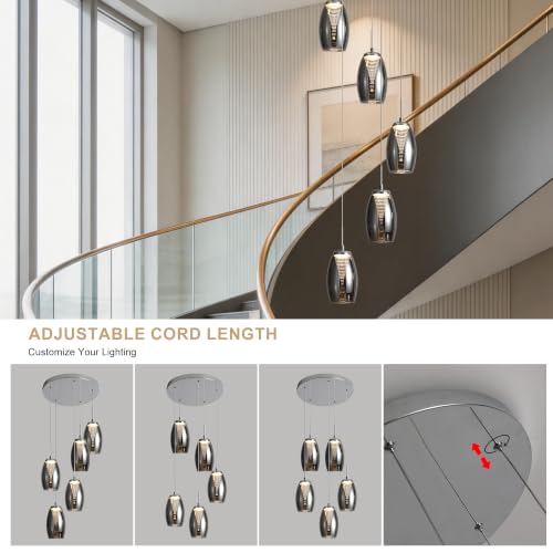 Modern 5 Light LED Staircase Chandelier with Smoke Gray Glass