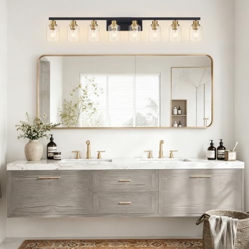 8 Light Bathroom Light Fixture Black and Gold Vanity Lights