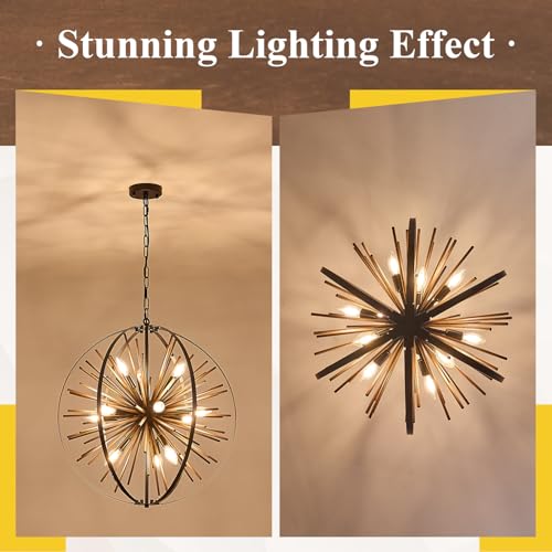24" 12 Light Black Sputnik Chandelier Solid Wood Hanging Light