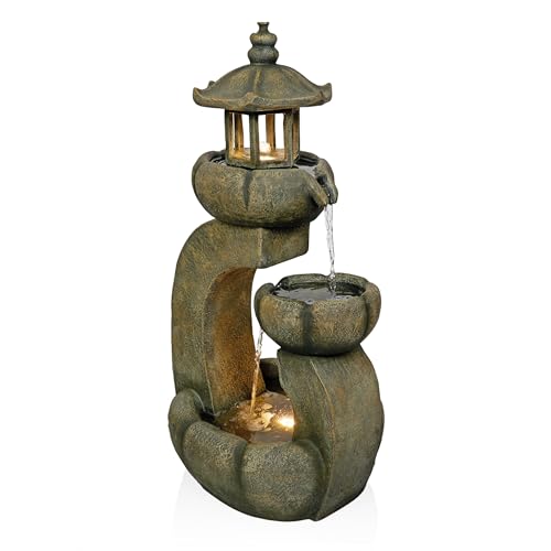32" Tall 2 Layer Pagoda Polystone Fountain with LED Lights