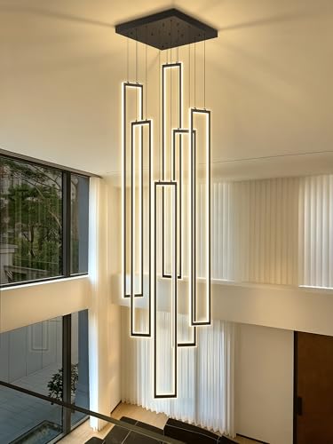 Modern Chandeliers for Entryway High Ceiling Large Rectangle Chandelier LED Dimming Black Contemporary Chandelier for Staircase Foyer 2700k