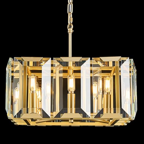 Gold Modern Crystal Chandeliers Rectangle Farmhouse Pendant Light Semi Flush Mount Ceiling Light Fixture for Bedroom Dining Room Kitchen Island Living Room Foyer Hallway