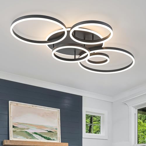 Black Flush Mount Ceiling Light Dimmable Dining Room Light Fixture Round 6 Rings Modern LED Ceiling Light with Remote Control 47" Kitchen Lighting Fixture Ceiling Lamp for Living Room