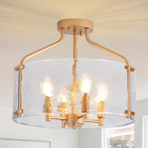 Gold Semi Flush Mount Ceiling Light Fixture 16'' Glass Modern Lght Fixture