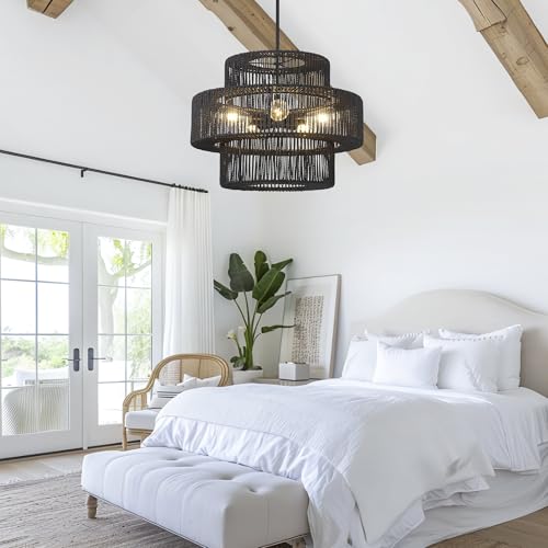 22" Black Boho Rattan Chandelier Light Fixture Hand Woven Farmhouse Pendant Lighting Rustic Boho Chandeliers for Dining Room Living Room Hallway Foyer 5 Lights