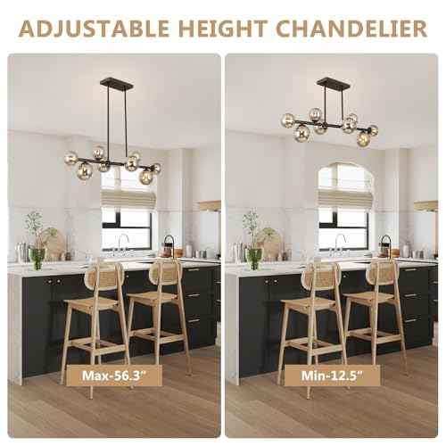 Jonsi Dining Room Light Fixture Over Table, Mid Century Chandeliers, Modern 8 Lights Smoke Grey Globe Glass Linear Chandelier Adjustable Ceiling Hanging for Living Dining Room Kitchen Island, Black