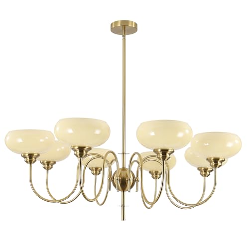 Large 8 Light Chandelier Modern Sputnik Chandeliers Flush Mount Ceiling Lights Cream Adjustable Height Pendant Lighting Vintage Gold Chandeliers with Light Yellow Glass Classic Ceiling Light