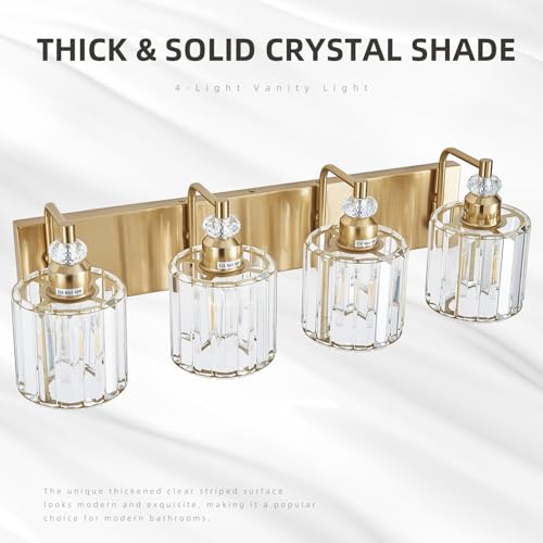 4 Light Modern Vanity Lights Brushed Brass Bathroom Light Fixtures Over Mirror Gold Bathroom Vanity Lighting with Crystal Shade E26 Base Wall Sconce for Bedroom Living Room Restroom Wall Lamp