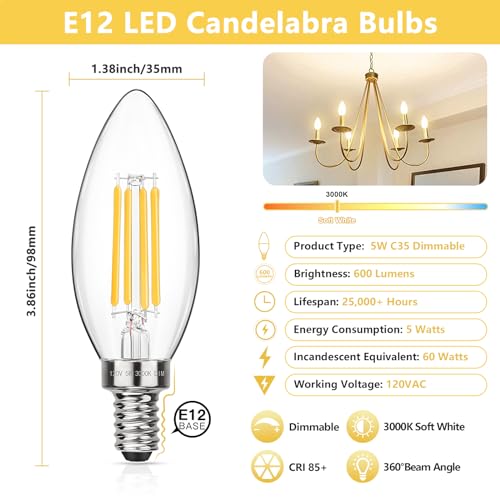 Dimmable E12 LED Candelabra Bulbs 60W Equivalent (12 Count)