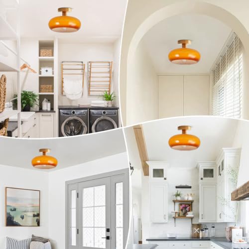 Orange Glass Close to Ceiling Light Fixtures Gold Flush Mount Light