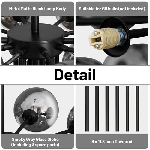 Sputnik Chandelier Dining Room Light Fixture Black Smokey Glass Chandelier