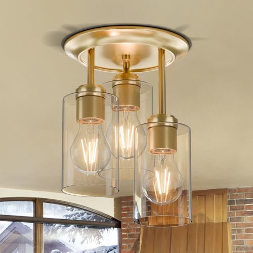 3 Lights Semi Flush Mount Ceiling Light Fixture Gold for Kitchen (3 Count)